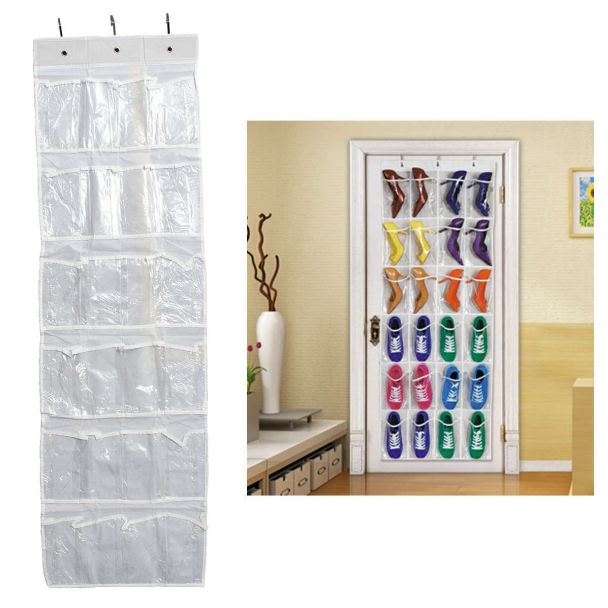 24Pocket Hanging Over Door Stainless Steel Holder Shoes Nonwoven Fabric Organizer Storage Door Wall