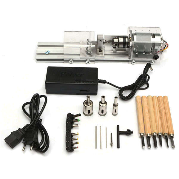 Mini Lathe Machine Woodworking DIY Lathe Set with DC 24V Power Adapter