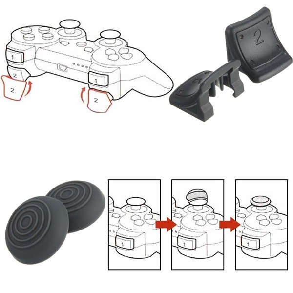 Dual Triggers + Silicone Thumb Grip Cap Cover 4in1 Set For PS3 Controller