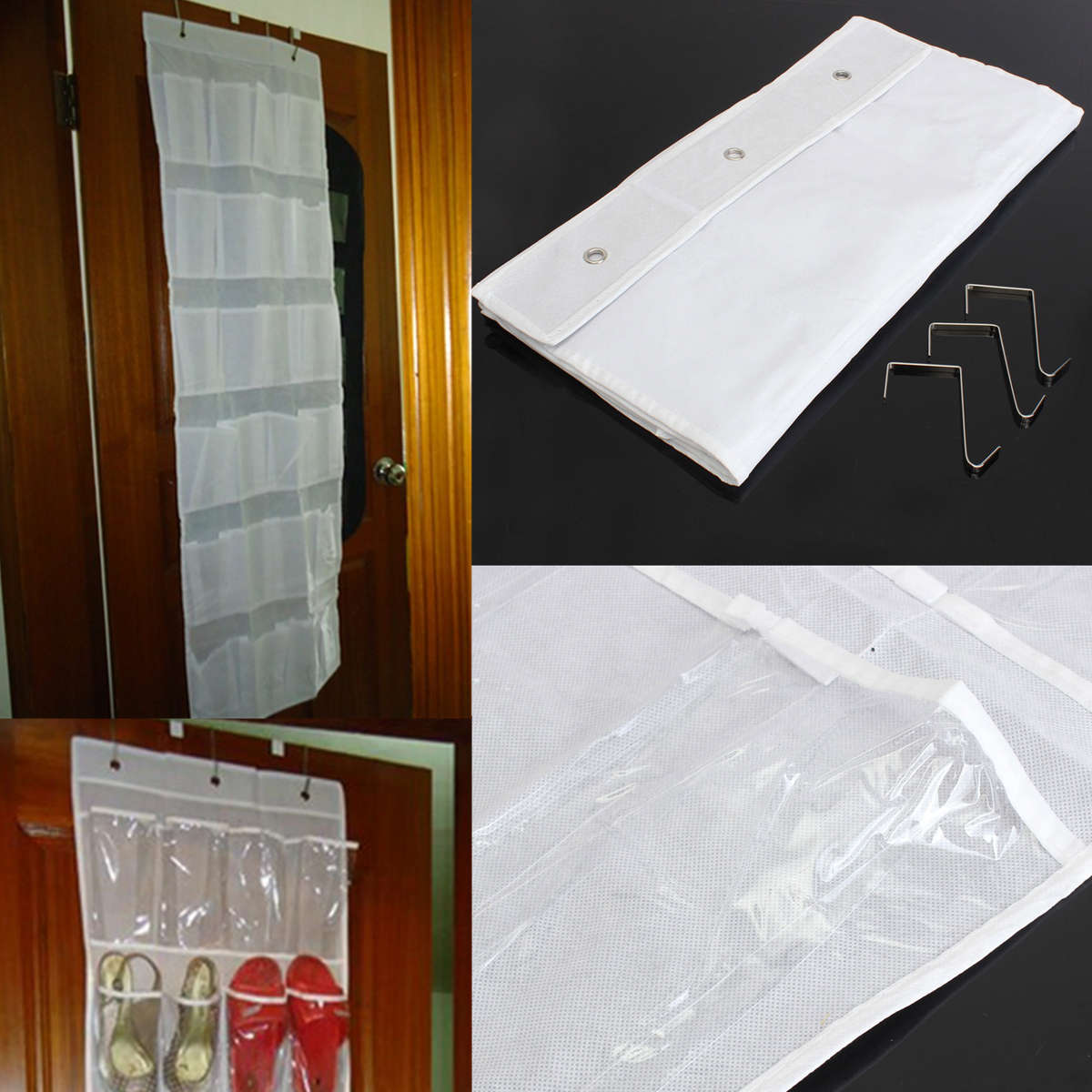 24Pocket Hanging Over Door Stainless Steel Holder Shoes Nonwoven Fabric Organizer Storage Door Wall
