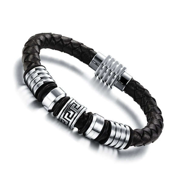 18.5cm 22cm Black Braided Leather The Great Wall Pattern Bracelet  For Men