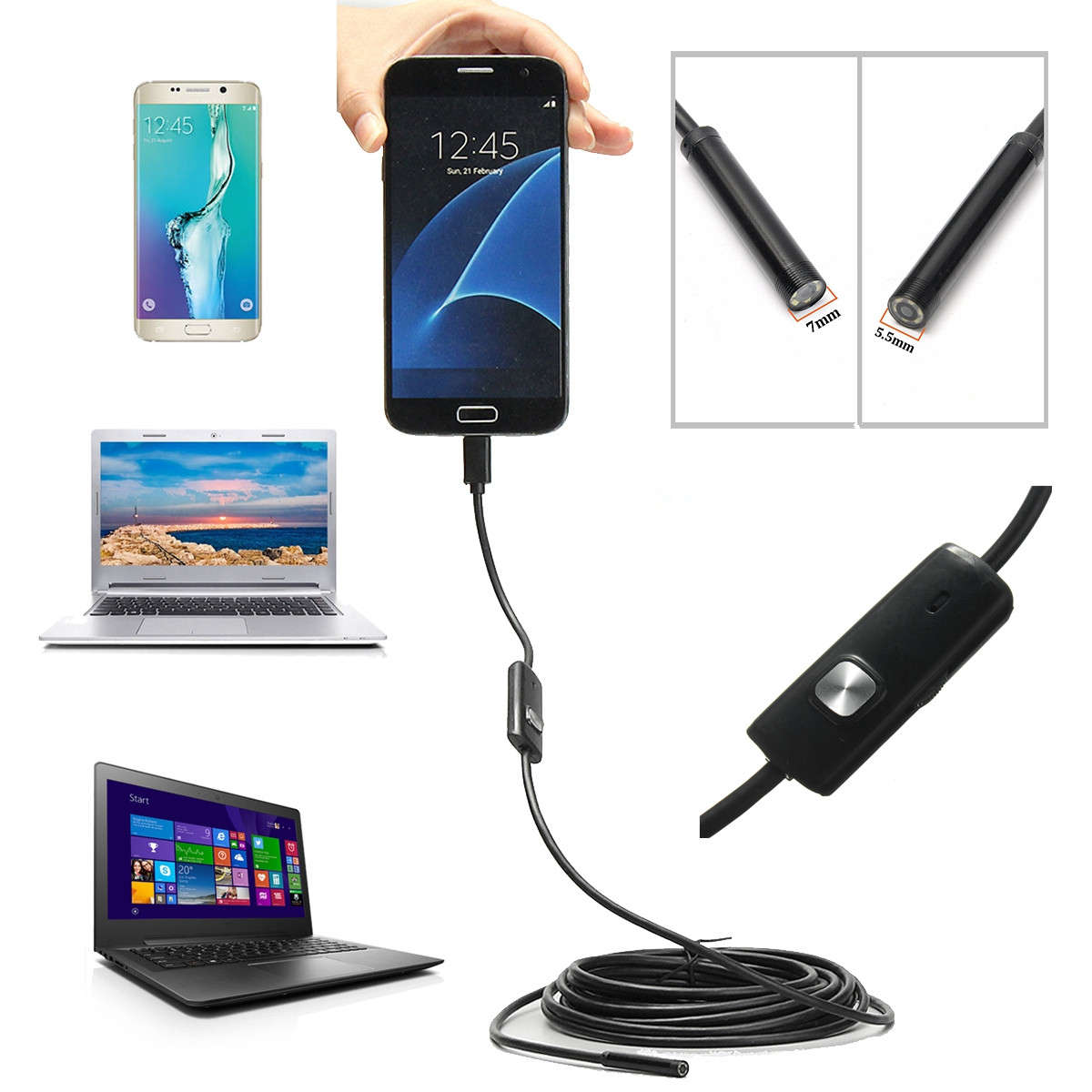 Waterproof 5.5/7mm 6 LED Lens 5m 1.3MP Endoscope USB Camera Borescope For Android Smartphone Laptop
