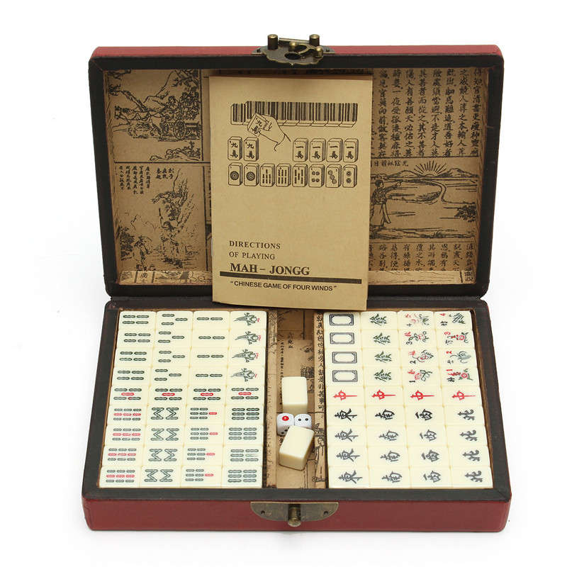 Portable Vintage Mahjong Rare Chinese 144 Tiles Mah-Jong Set Toy With Leather Box