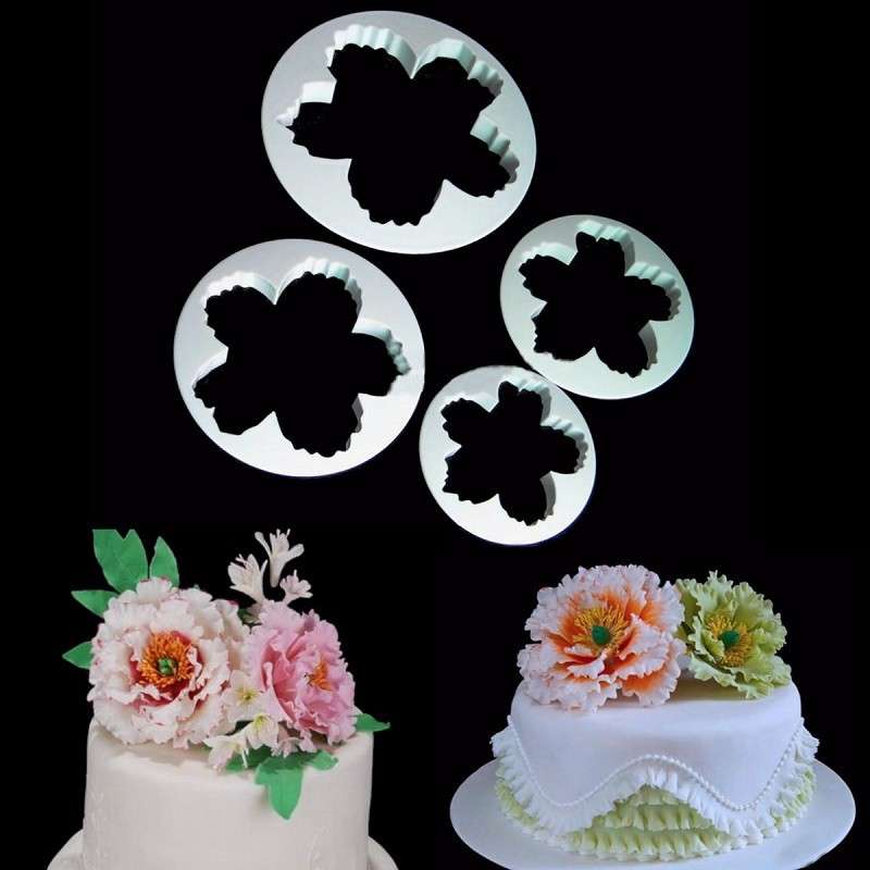 4Pcs Peony Flower Cookies Fondant Cake Paste Baking Cutter Mold Set Decorating