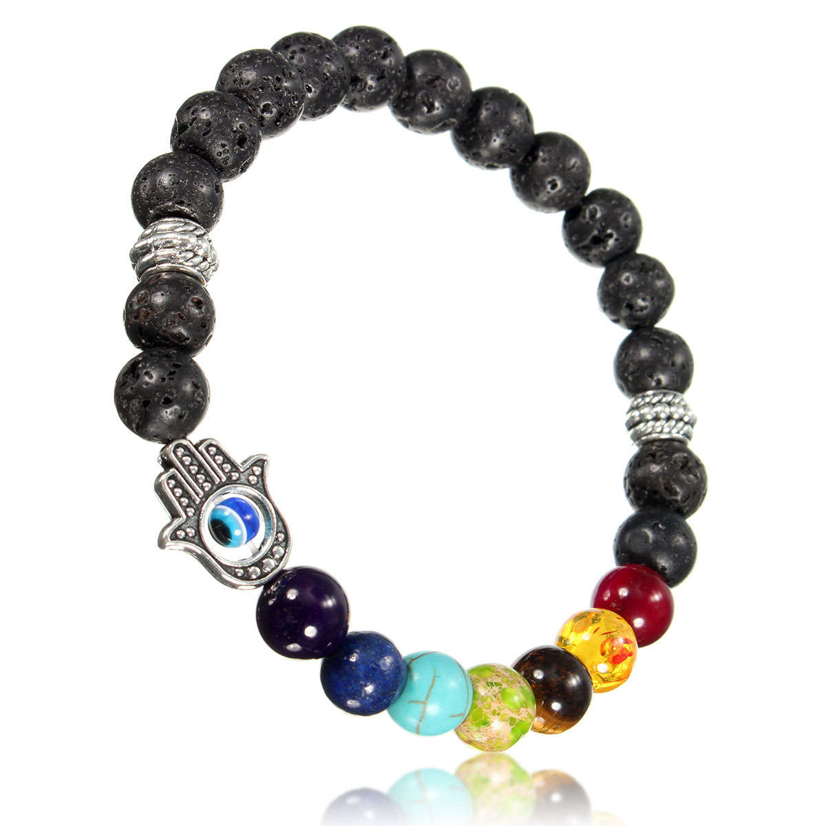 Men Hand Evil Eye Lava Rock Buddha Elastic Bead Bracelet Bangle