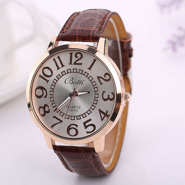 Fashion Big Number Rhinestones Dial Ladies Watch Casual Women PU Leather Analog Quartz Watch