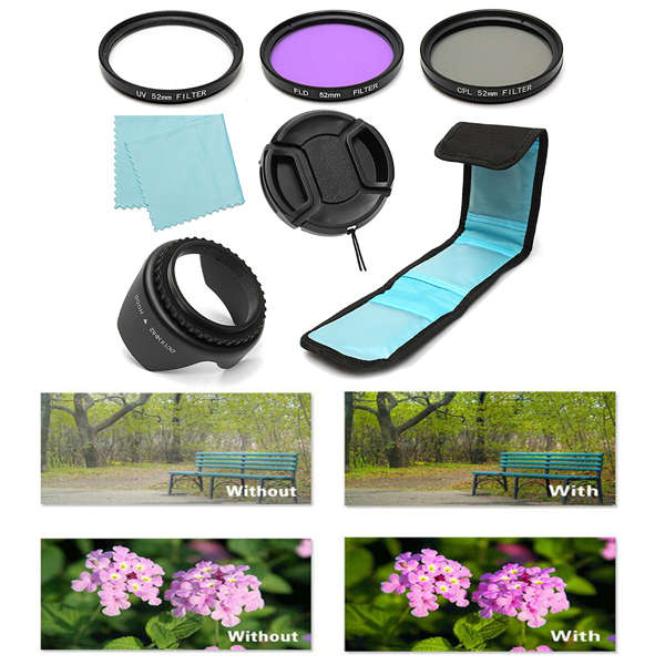 7Pcs 52mm UV CPL Polarizing FLD Lens Filter Hood Kit For Canon Nikon Camera