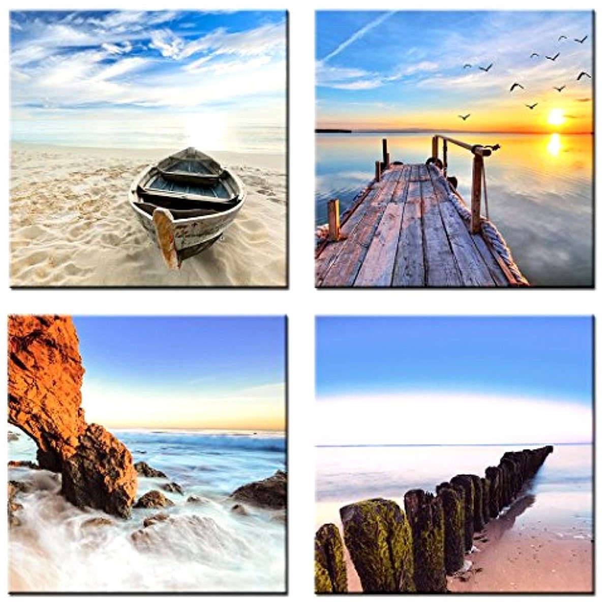 4PCS Frameless Canvas Print Beach Sunset Seascape Wall Art Home Decor