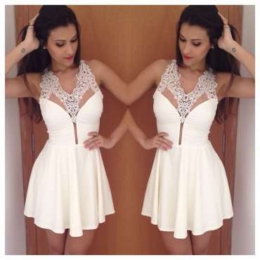 *V Neck Tank Sleeveless Lace Patchwork White Dress