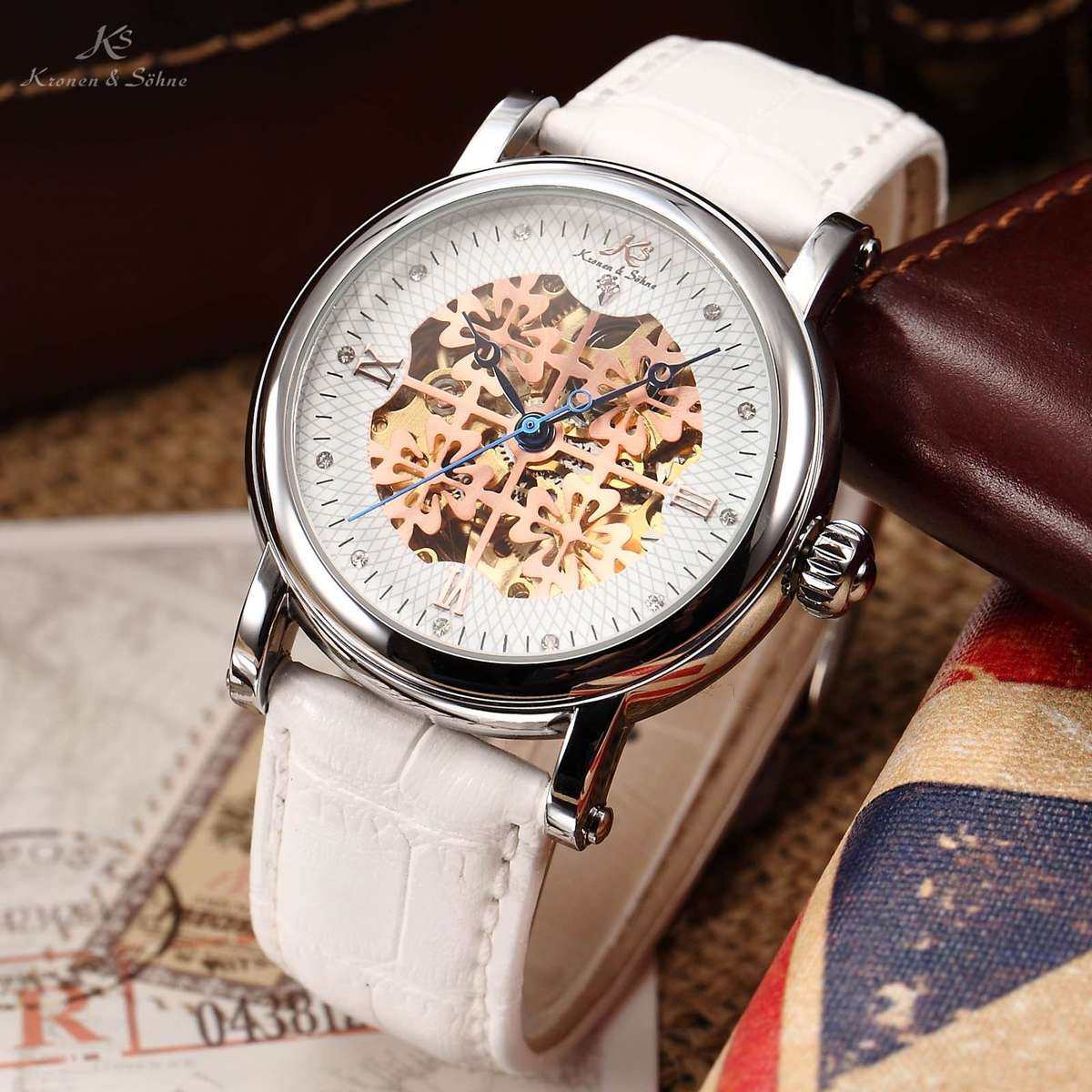 KRONEN & SOHNE **Lady** SKELETON Royal Carving WHITE LEATHER Watch w/ BOX AND PAPERS