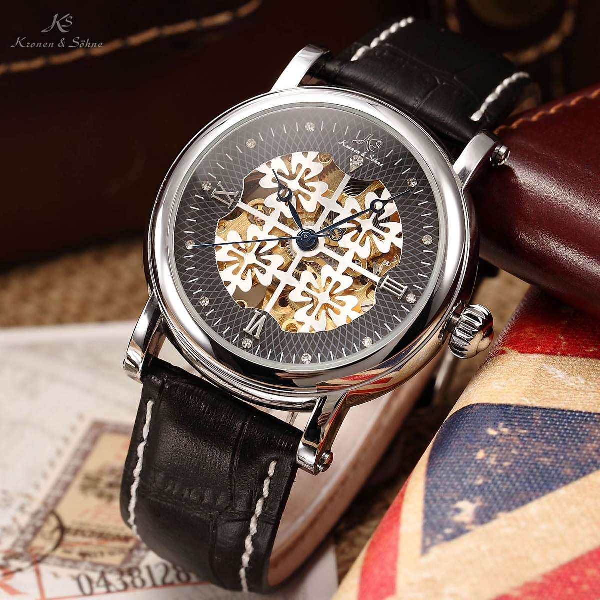 KRONEN & SOHNE Lady *Royal Carving Series** Black Automatic Mechanical Leather Watch w/ box, papers.