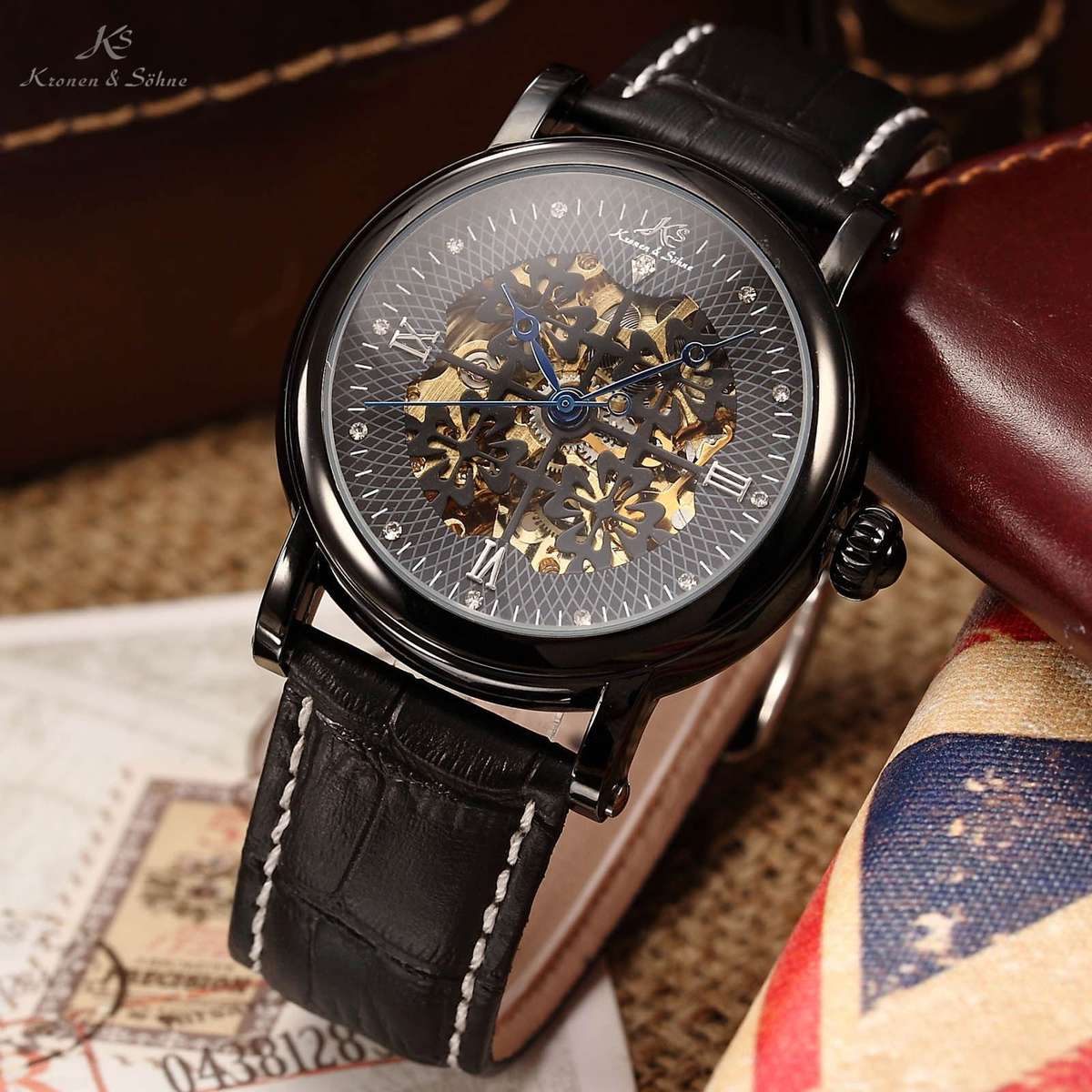*PERFECT GIFT* KRONEN & SOHNE **Royal Collection** BLACK ION Automatic Mechanical Leather Watch