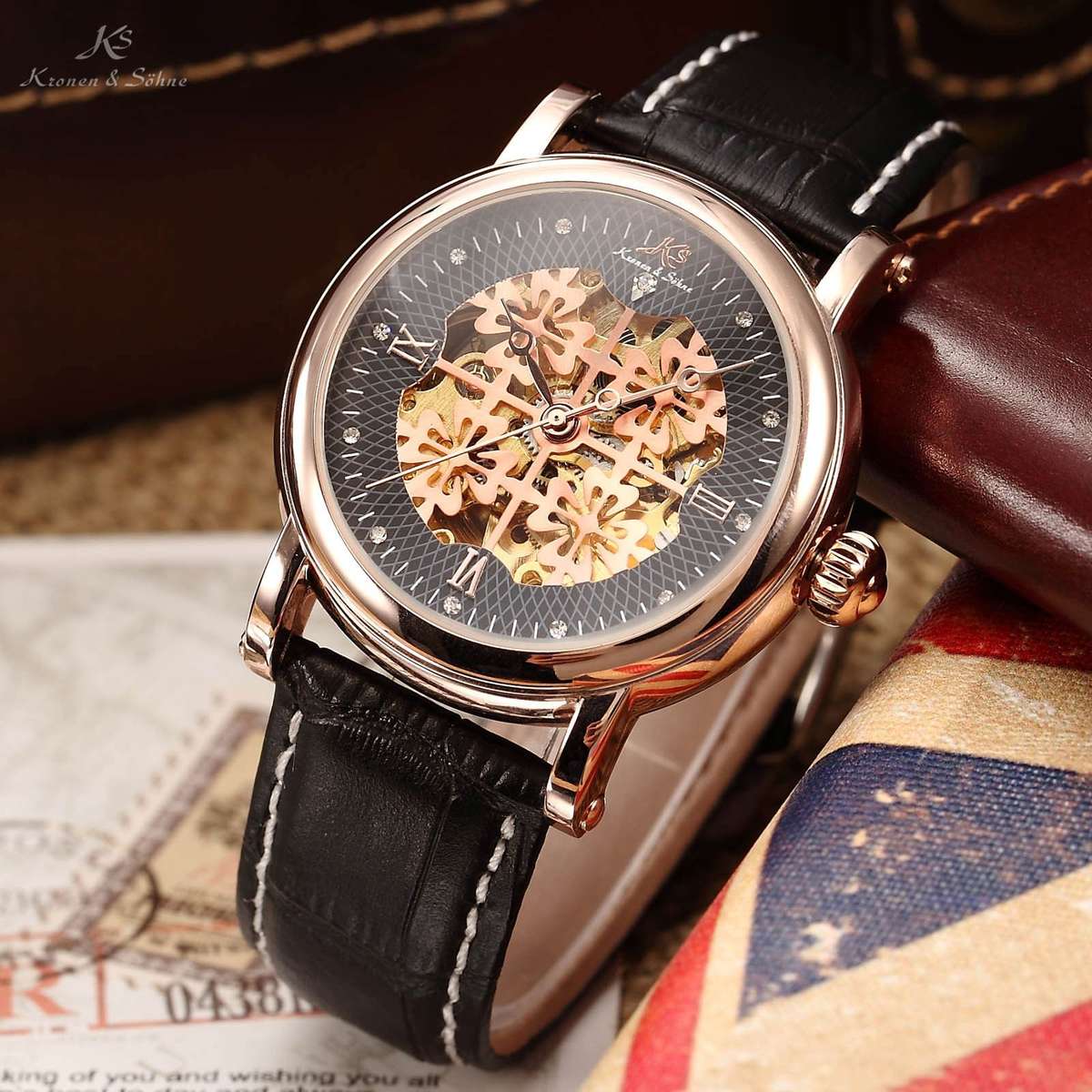 *WEEKEND ONLY* KRONEN & SOHNE **ROSE GOLD** Black Leather Automatic Mechanical Leather Watch