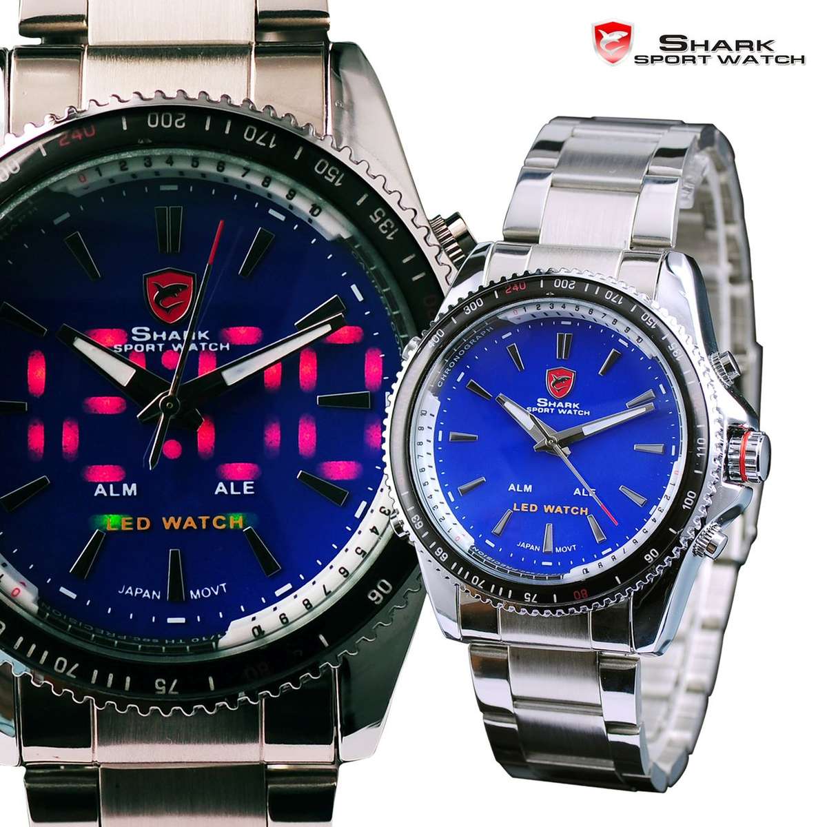 *PERFECT GIFT* SHARK LED 3 HAND BLUE DIAL STEEL WATCH W/ BOX, PAPERS, LOADED!!