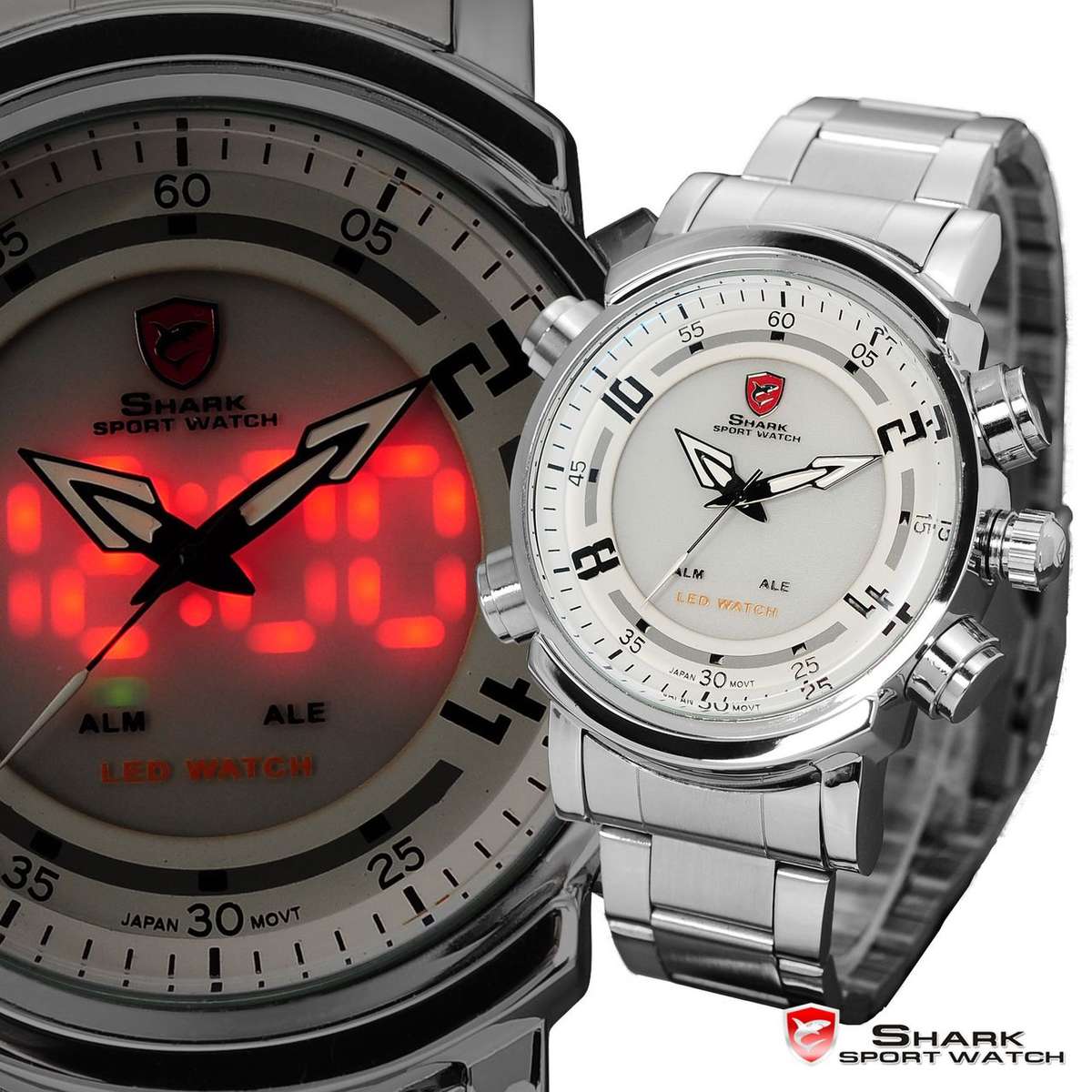 end's saturday!! SHARK DUAL LED ARROW 45MM 3 HAND STEEL WATCH W/ BOX, PAPERS, LOADED!!