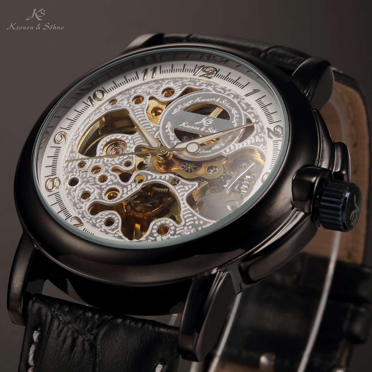 KRONEN & SOHNE Ionized Black SKELETON Leather Watch BRAND NEW *SOLE DISTRIBUTOR*