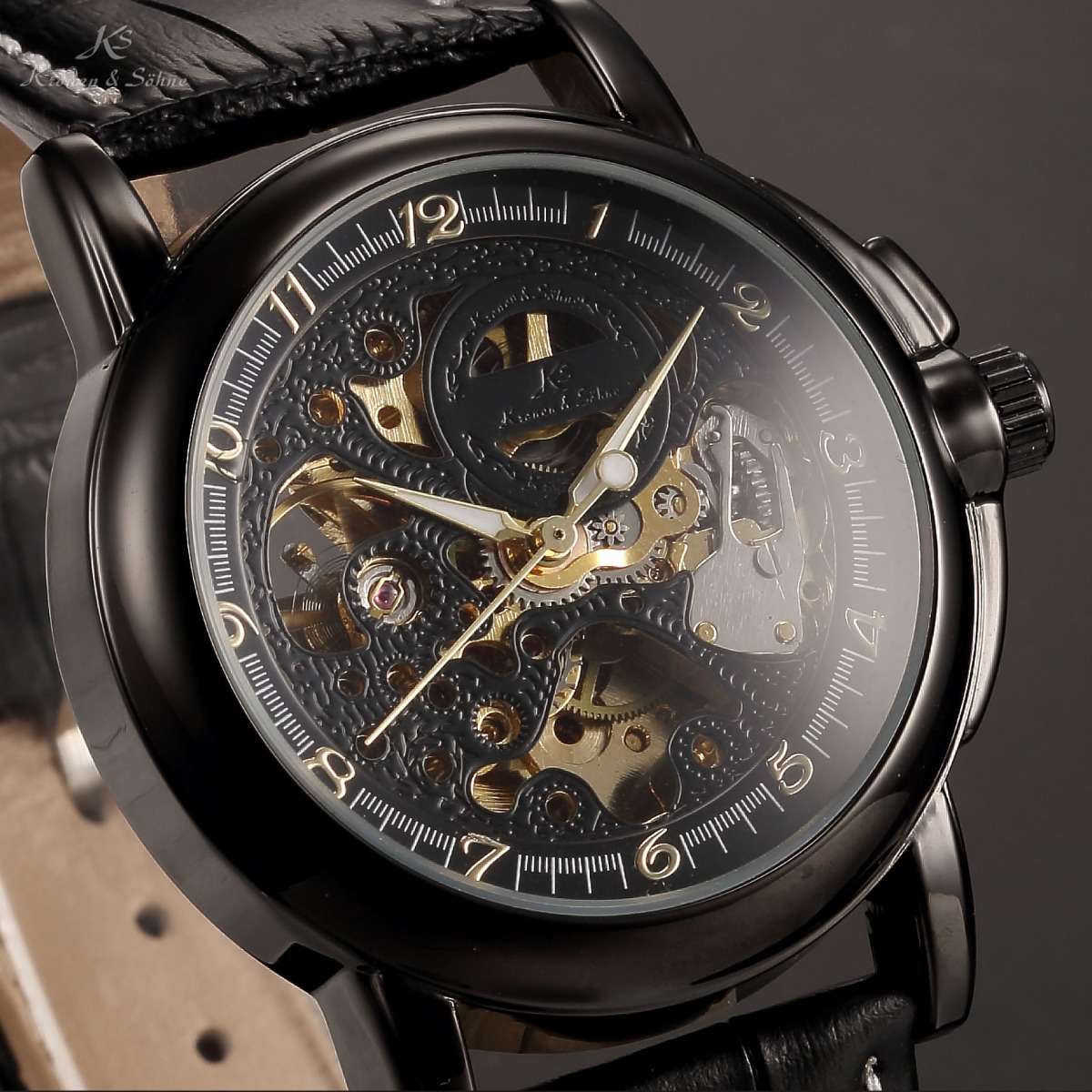 Exclusive!! KRONEN & SOHNE Ionized Black SKELETOR Leather Watch BRAND NEW *SOLE DISTRIBUTOR*