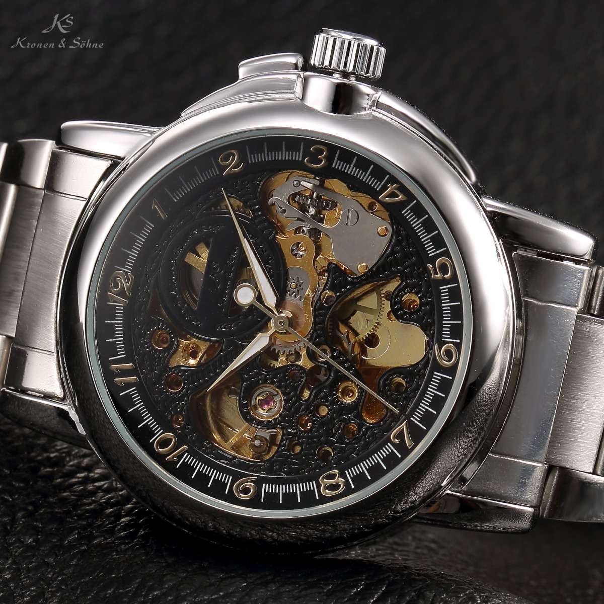 KRONEN & SOHNE **BLACK GOLD** Warrior Automatic Mechanical Leather Watch