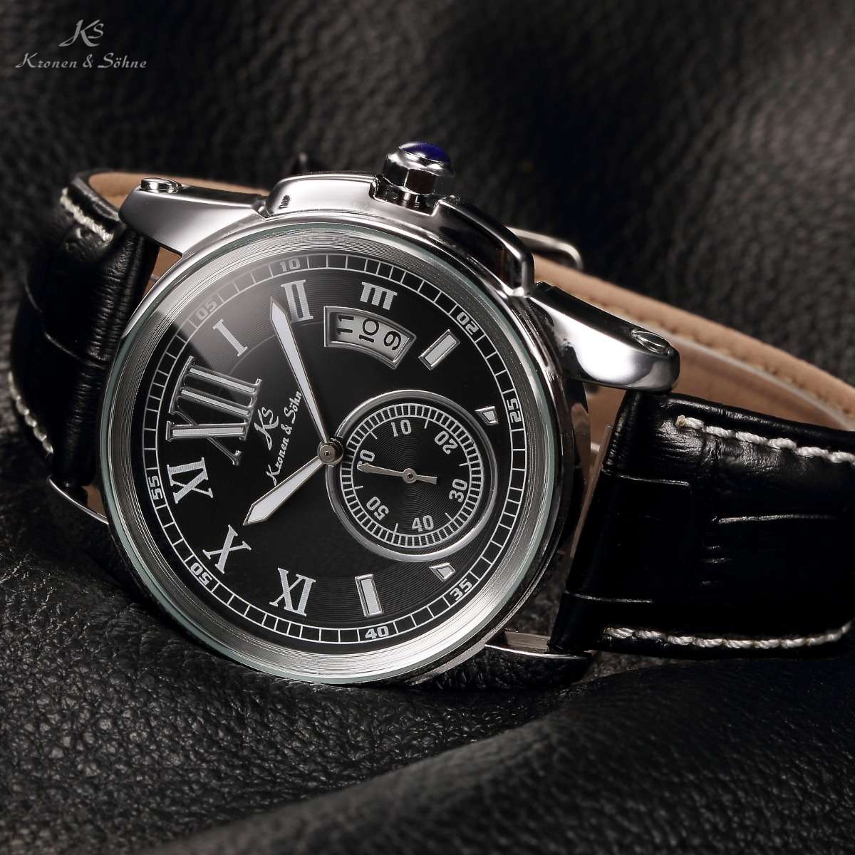 KRONEN & SOHNE Navigator Leather Voyager AUTOMATIC Watch w/ BOX AND PAPERS