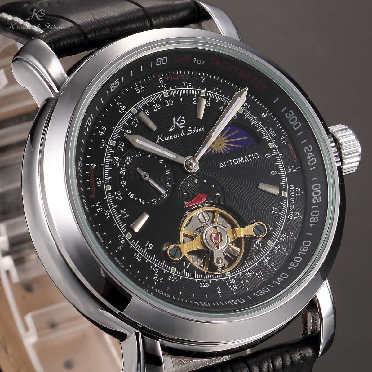 KRONEN & SOHNE Moonphase Skeleton Tourbillon Chrono Watch w/ BOX, PAPERS