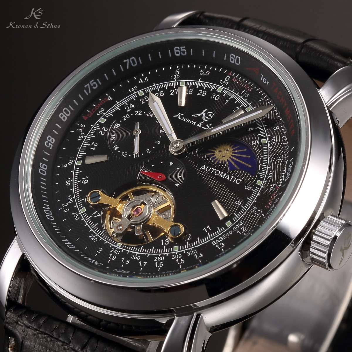 KRONEN & SOHNE Moonphase Skeleton Tourbillon Chrono Watch w/ BOX, PAPERS