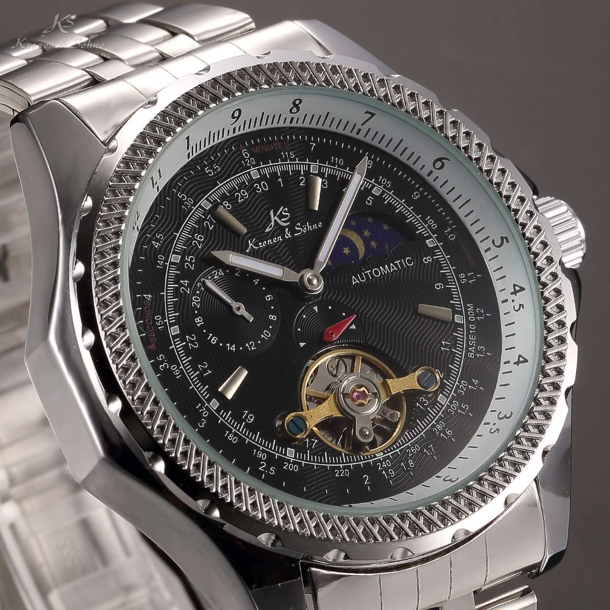 KRONEN & SOHNE Moonphase Tourbillon Thick Heavy AUTOMATIC Chronograph Watch w/ box, papers, warranty