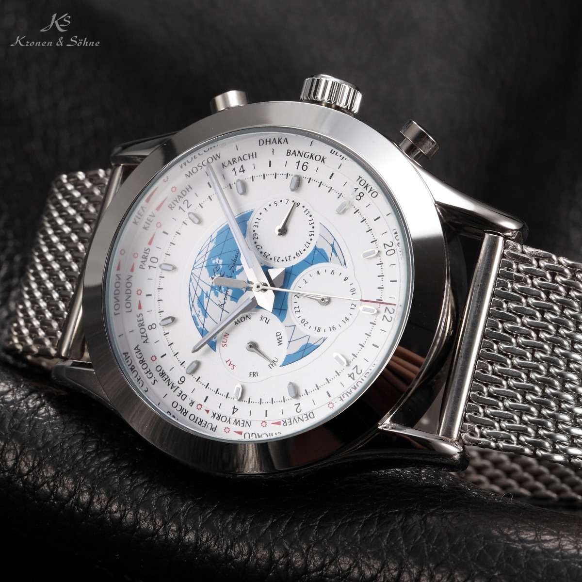 *weekend only* KRONEN & SOHNE World Time AUTOMATIC Chrono Watch w/ box, papers, warranty