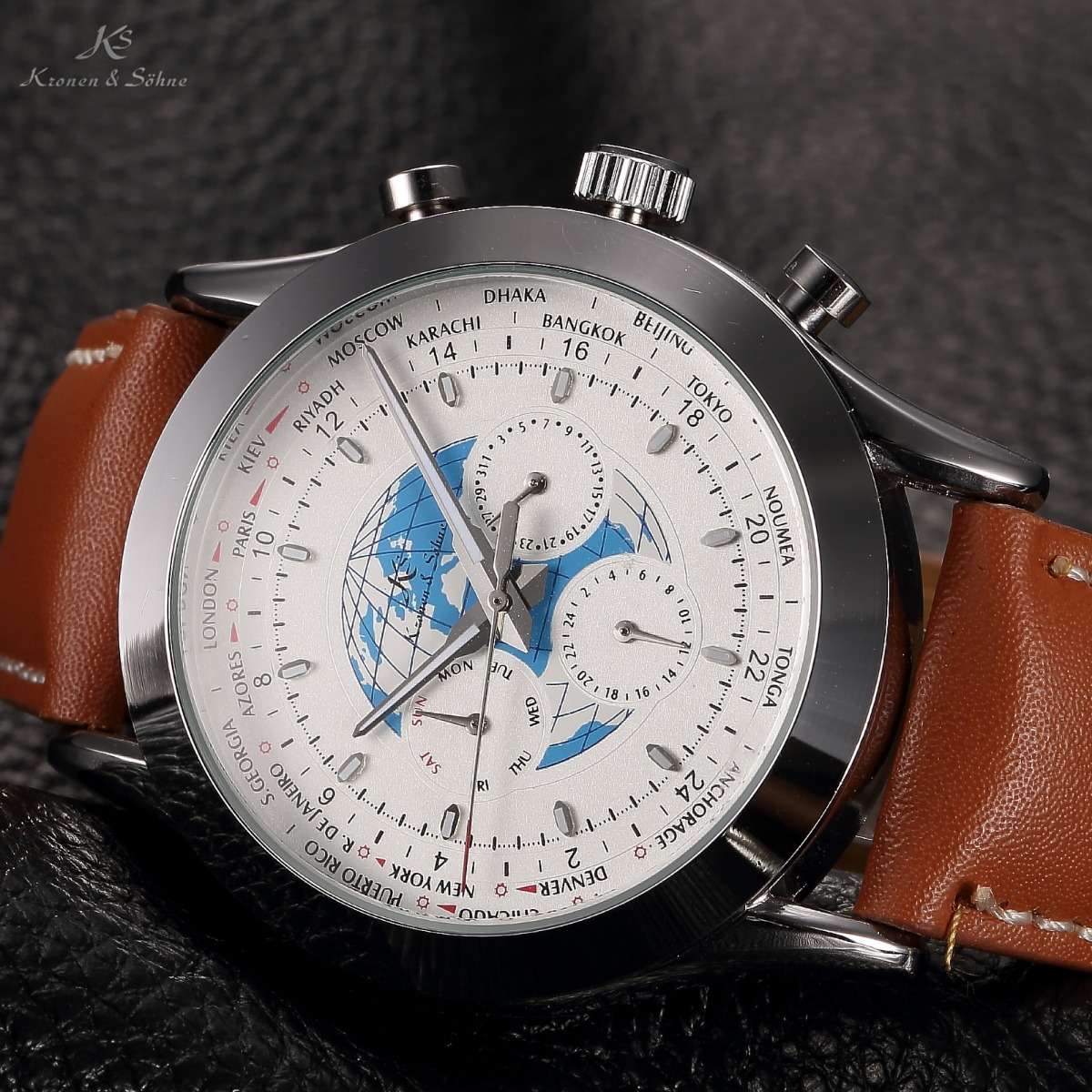 KRONEN & SOHNE World Time AUTOMATIC Chrono Watch w/ box, papers, warranty