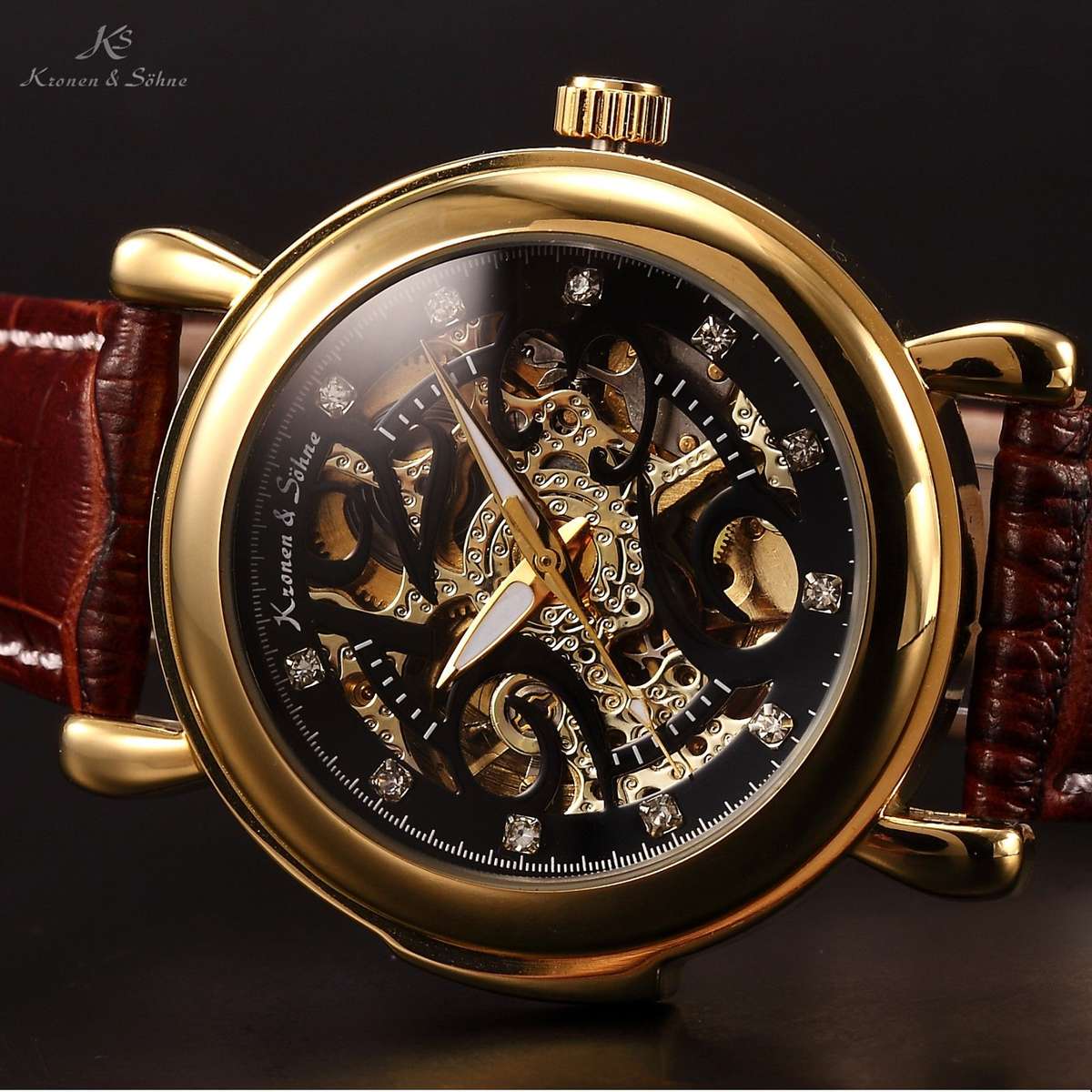 *R1* KRONEN & SOHNE Balck Emperor Royal Carving Leather Watch w/ box, papers