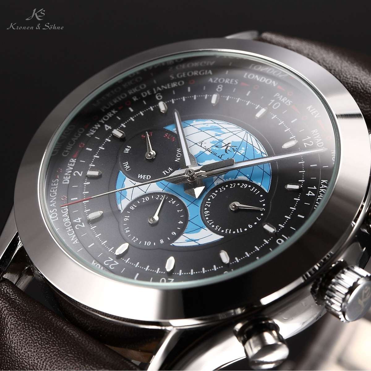 KRONEN & SOHNE World Time AUTOMATIC Chrono Watch w/ box, papers, warranty