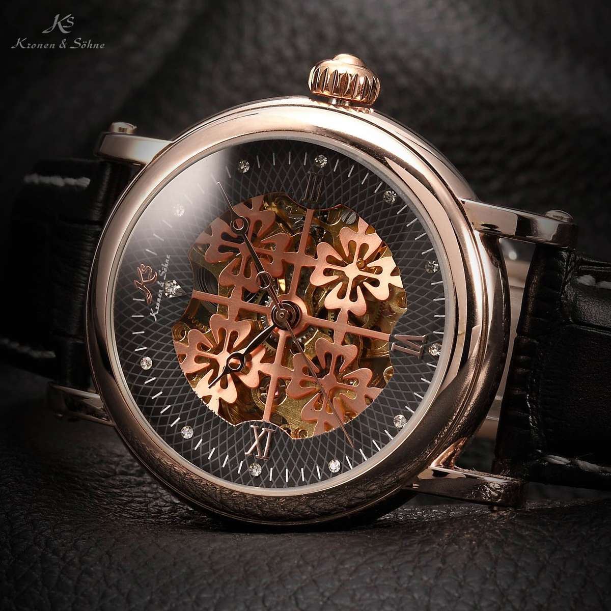 KRONEN & SOHNE **ROSE GOLD** Warrior Automatic Mechanical Leather Watch