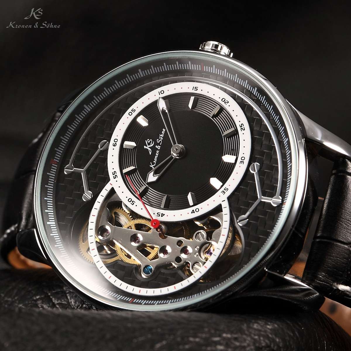 KRONEN & SOHNE "Two-Face" SKELETON AUTOMATIC Dark Brown Leather Watch w/ BOX AND PAPERS