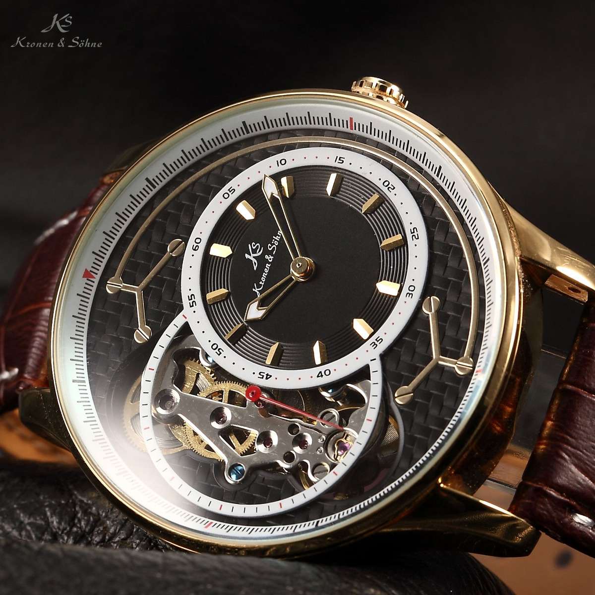 ends @ 1:45pm!! KRONEN & SOHNE "Two-Face" SKELETON AUTOMATIC Brown Leather Watch w/ BOX AND PAPERS