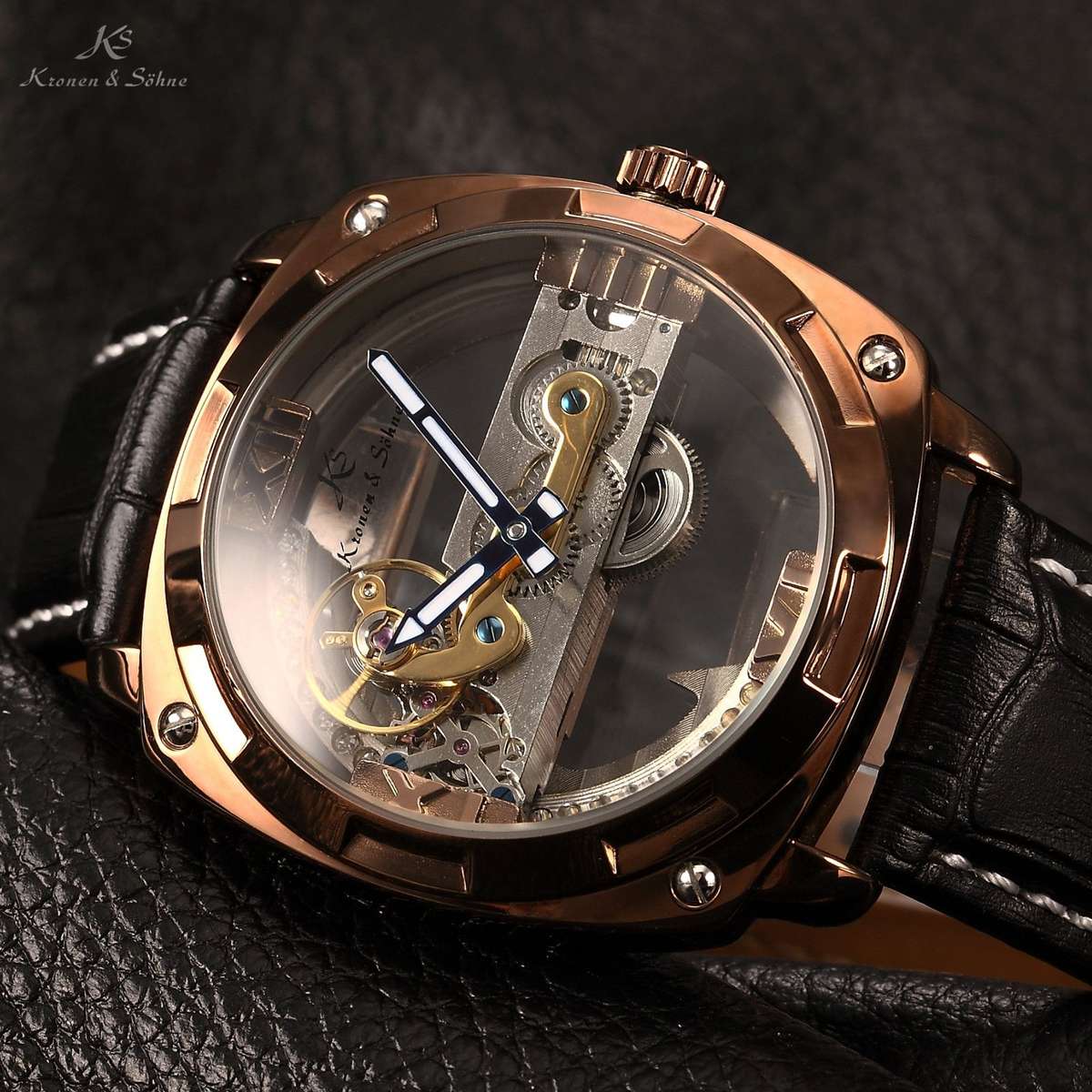 KRONEN & SOHNE Bridge Skeleton Automatic Mechanical Brown Leather Watch