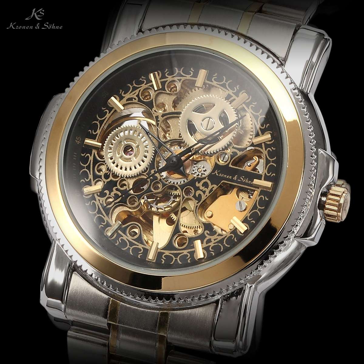 brand new!! KRONEN & SOHNE Steam Engine BLACK Skeletor AUTOMATIC Mechanical Watch w/ box, papers