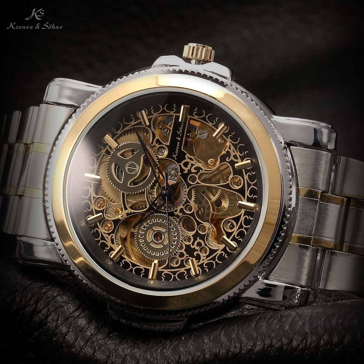 KRONEN & SOHNE Steam Punk BLACK Skeletor AUTOMATIC Mechanical Watch w/ box, papers