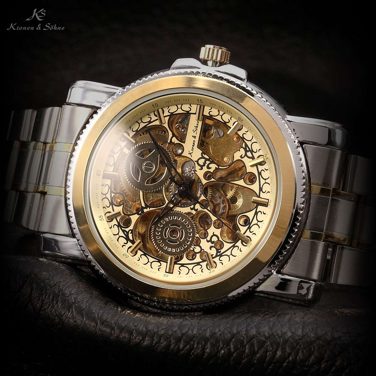 ends @ 1:45pm!! KRONEN & SOHNE Steam Engine Skeletor Automatic Mechanical Watch w/ box, papers