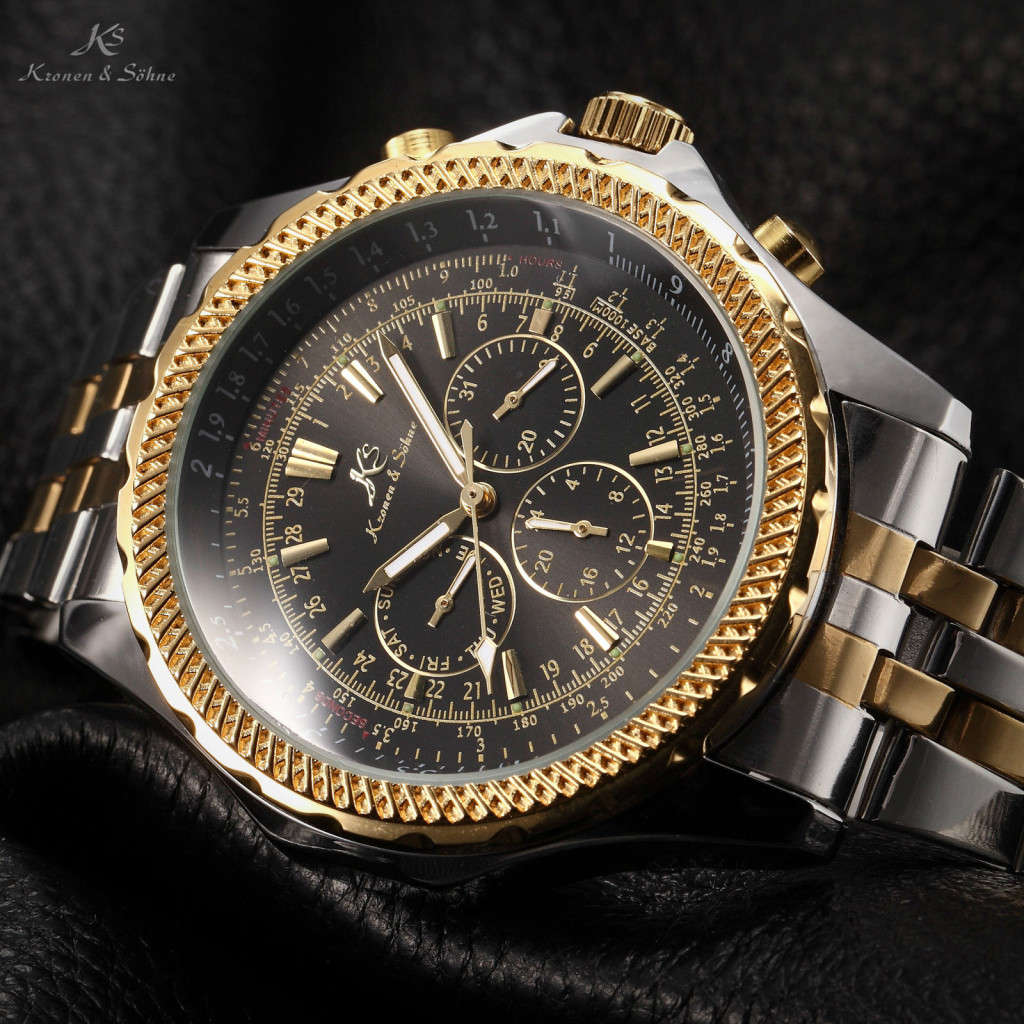 KRONEN & SOHNE Wind Walker Gold pl. Thick Heavy AUTOMATIC Chronograph Watch w/ box, papers, warranty