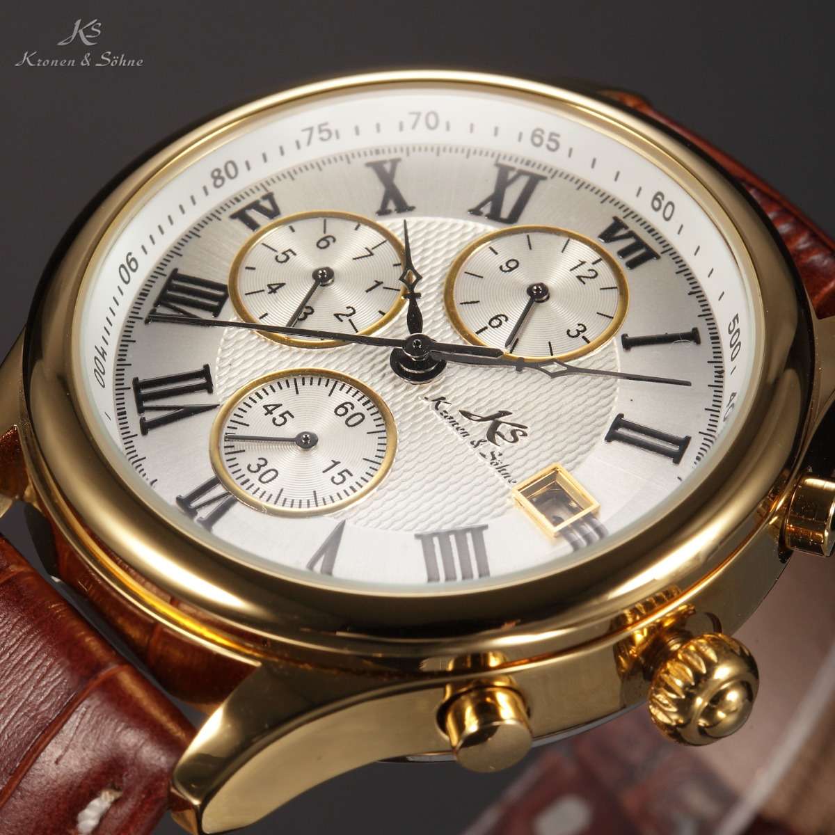 KRONEN & SOHNE JULES VERNE Classic Leather Chronograph AUTOMATICO Watch w/ BOX AND PAPERS