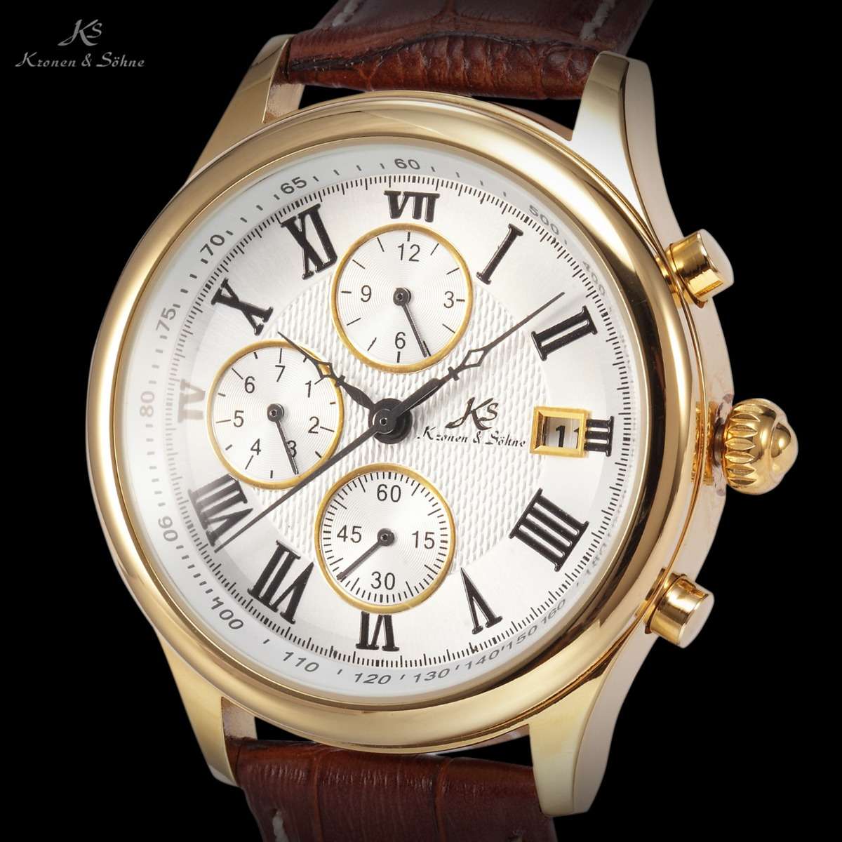 KRONEN & SOHNE JULES VERNE Classic Leather Chronograph AUTOMATICO Watch w/ BOX AND PAPERS