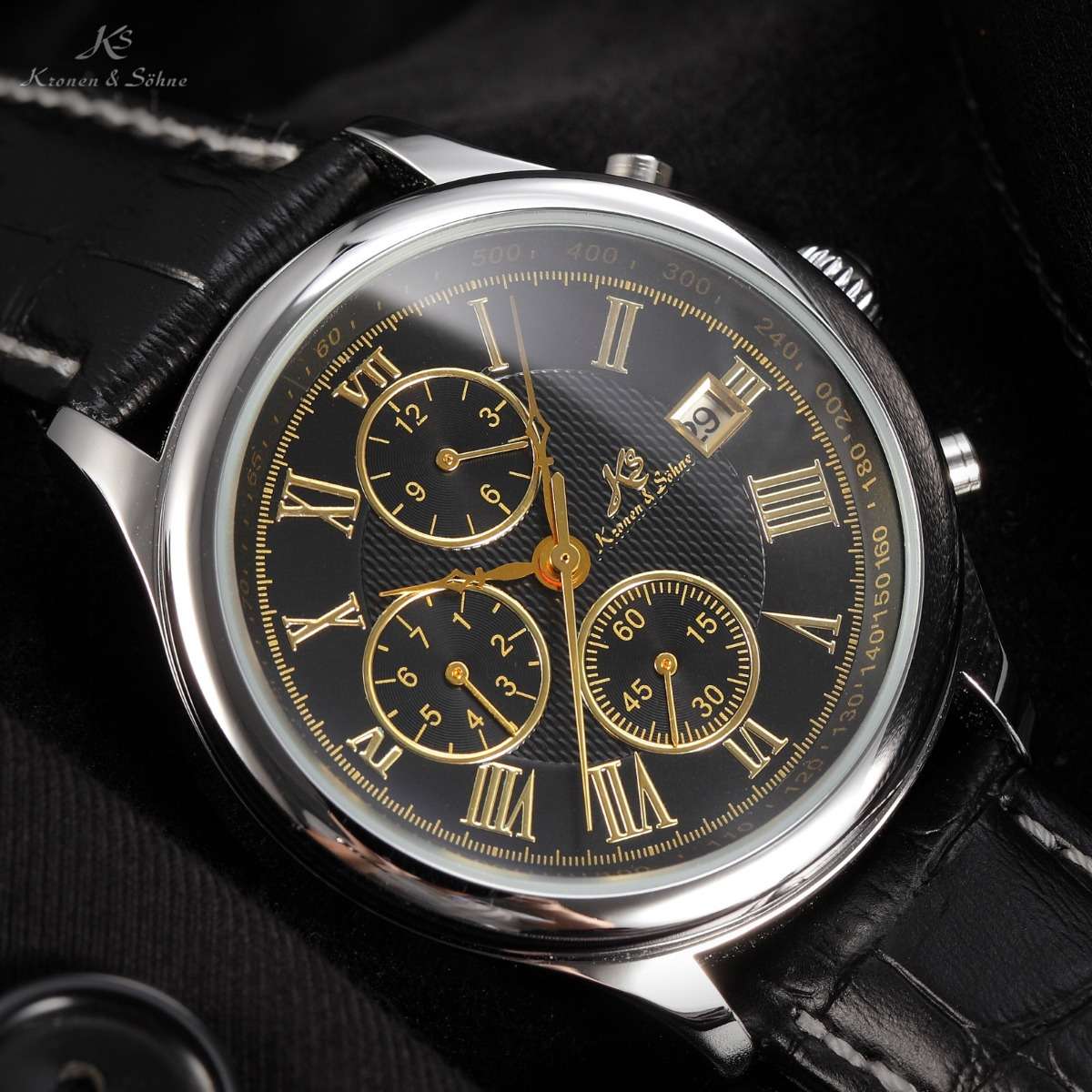 KRONEN & SOHNE JULES VERNE Classic Leather Chronograph AUTOMATICO Watch w/ BOX AND PAPERS