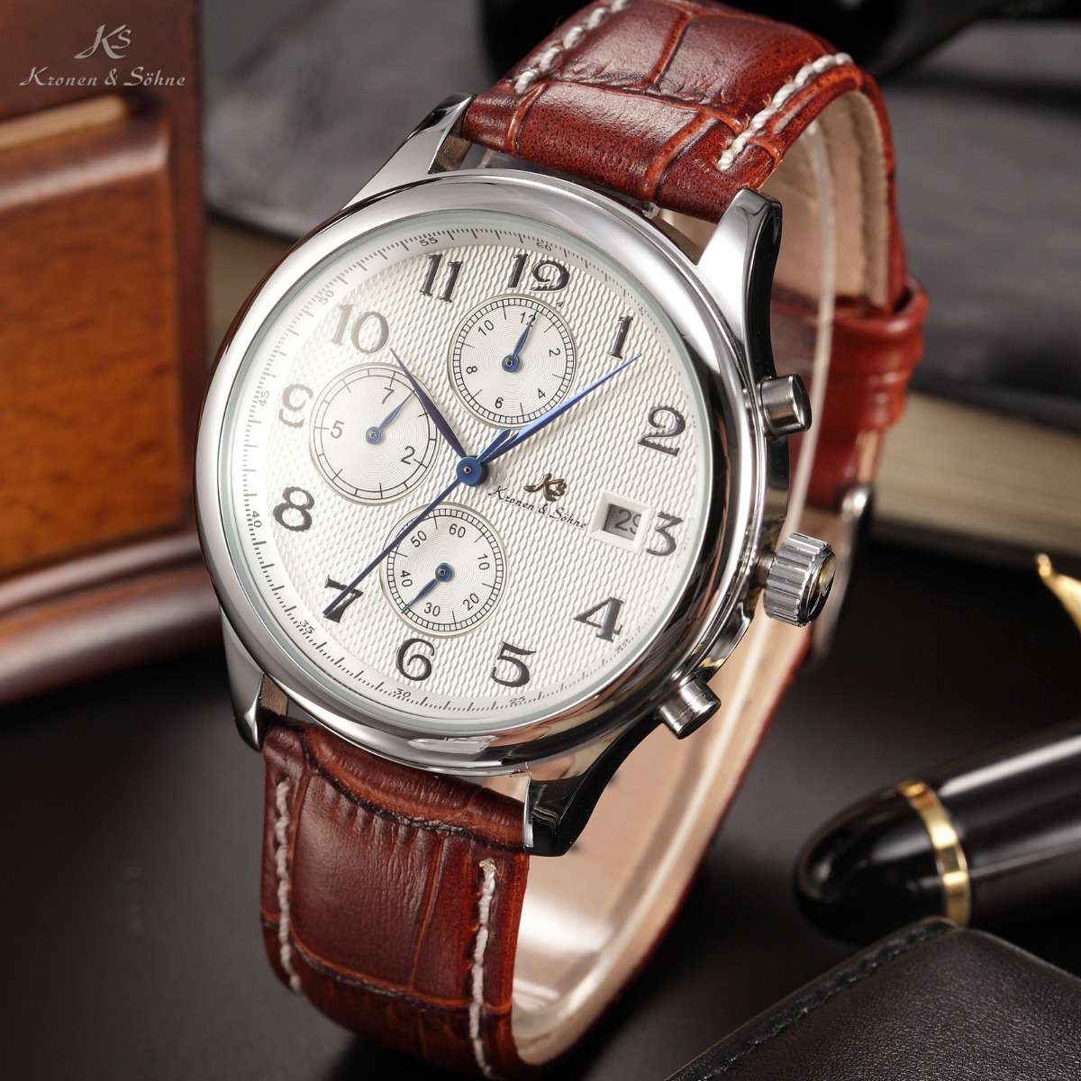 KRONEN & SOHNE Luxury Imperial Voyager Chronograph Automatic Mechanical Watch w/ BOX AND PAPERS