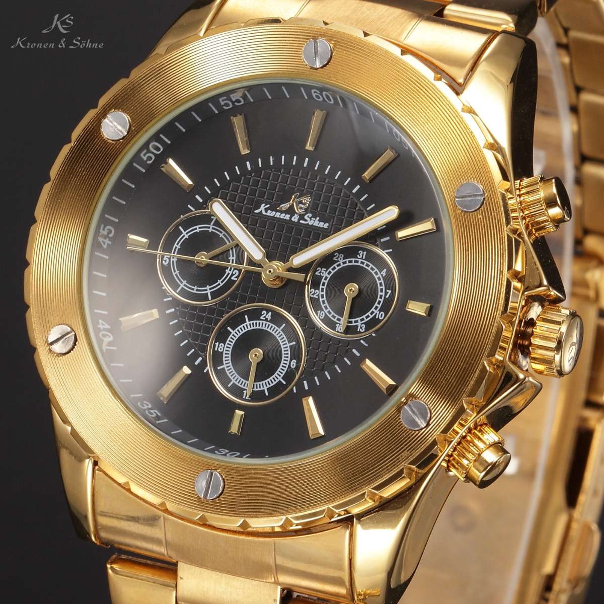 ends @ 1:45pm! KRONEN & SOHNE GOLD Imperial Voyager Chronograph Automatic Mechanical Watch w/ BOX