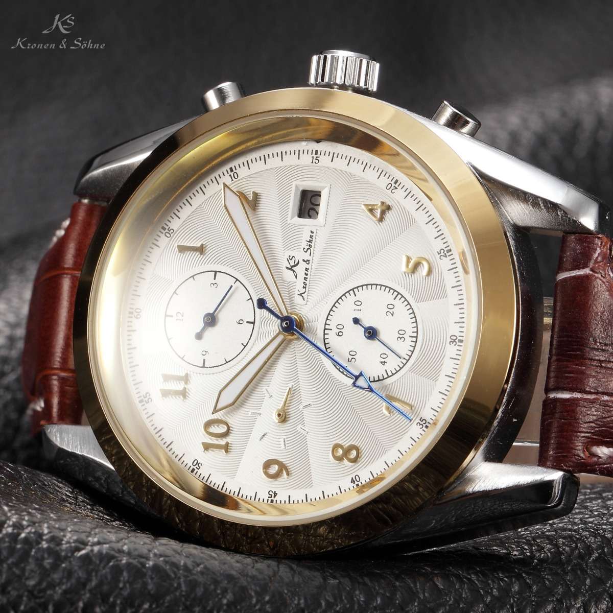 KRONEN & SOHNE Imperial Commander Leather AUTOMATICO Chronograph Watch w/ BOX, PAPERS