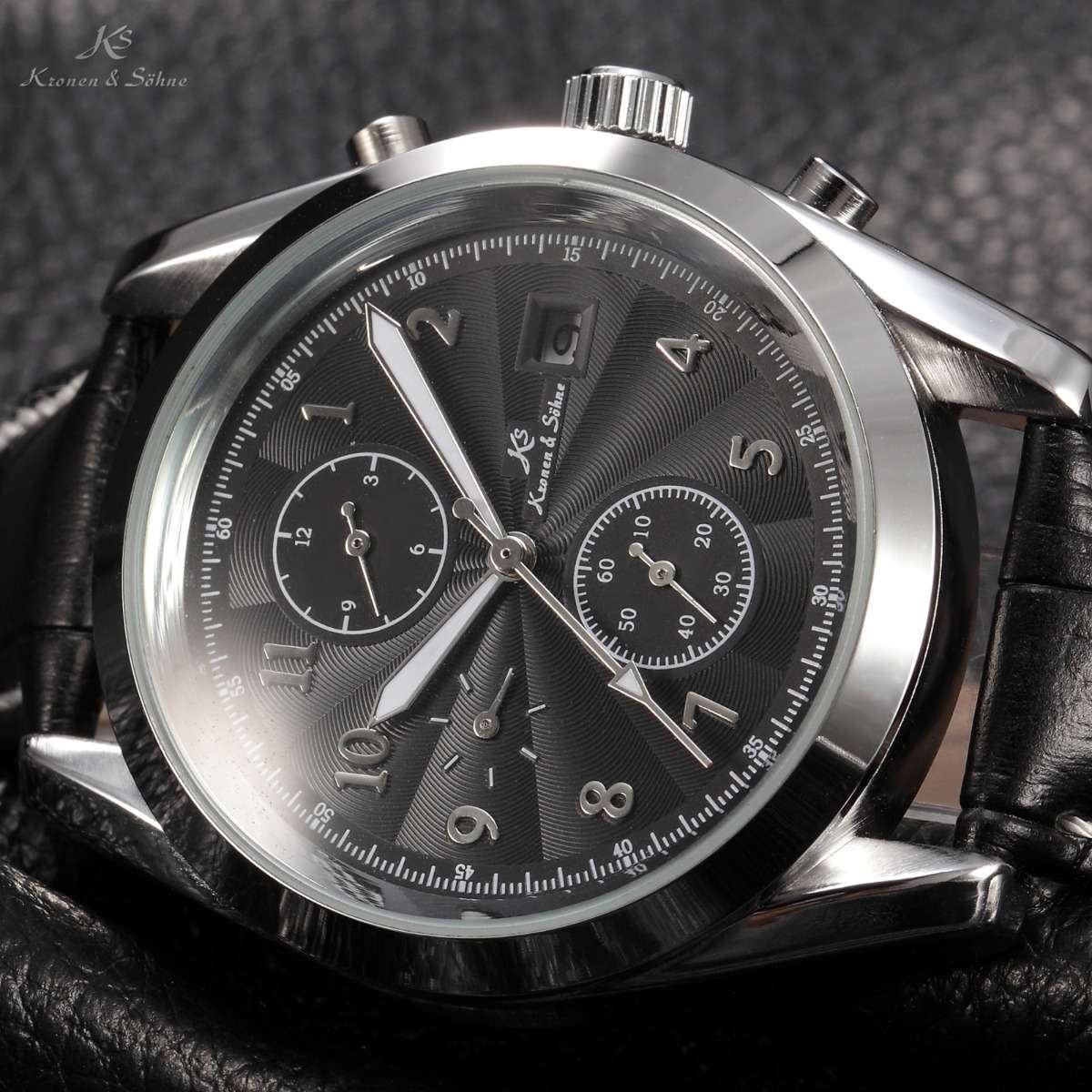 KRONEN & SOHNE Commander Black Leather Automatic Chronograph Watch w/ BOX, PAPERS