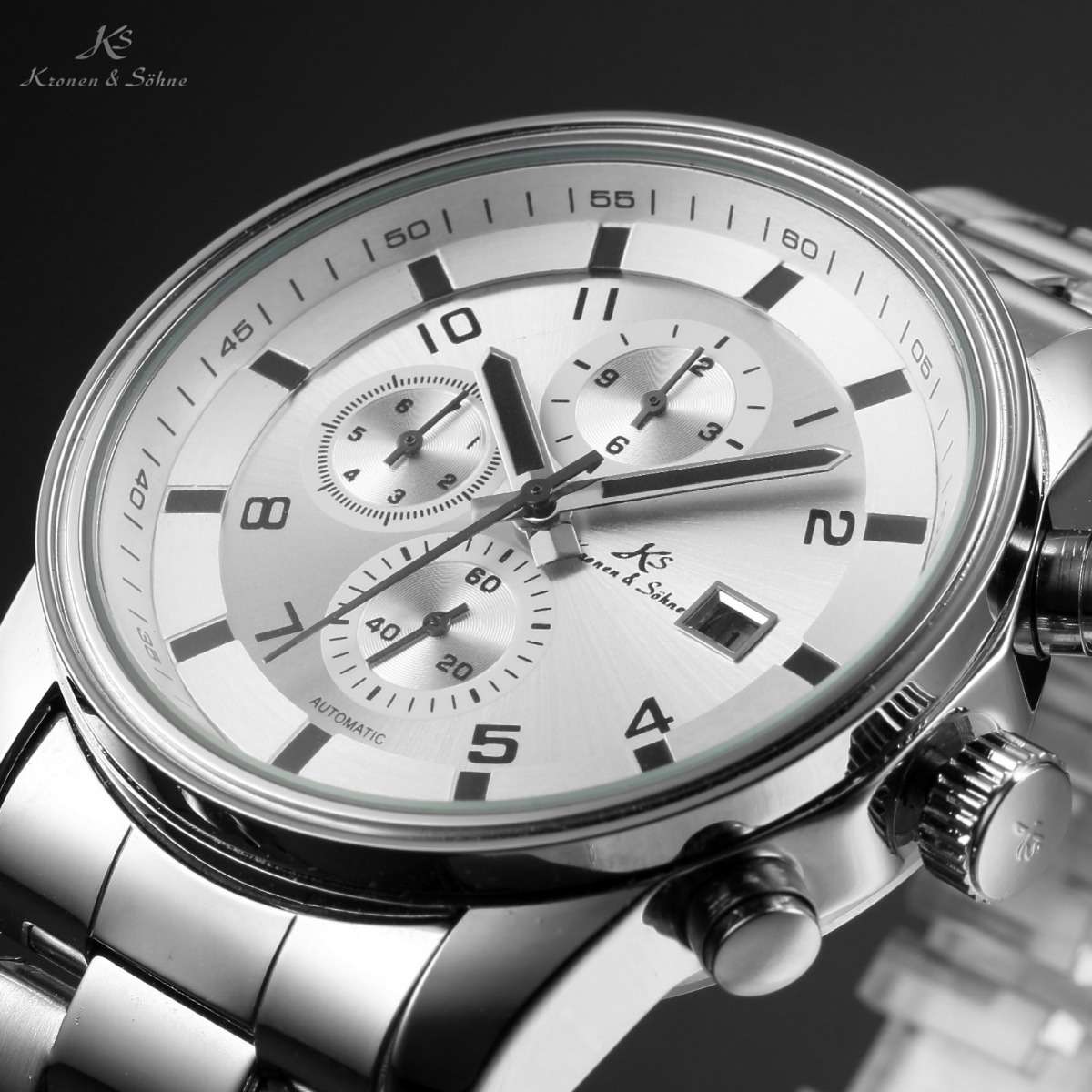 Brand new! KRONEN & SOHNE Valente AUTOMATIC STEEL Chronograph Watch w/ BOX AND PAPERS