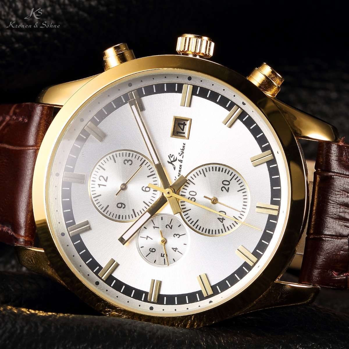 *ends @ 1:45pm* KRONEN & SOHNE Daytona AUTOMATIC Brown Leather Chronograph Watch w/ BOX, PAPERS