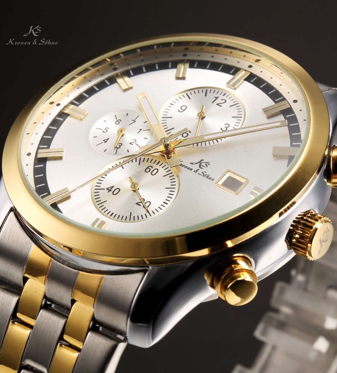 KRONEN & SOHNE Nautilus Voyager AUTOMATIC TWO TONE Jules Verne Chronograph Watch w/ BOX AND PAPERS