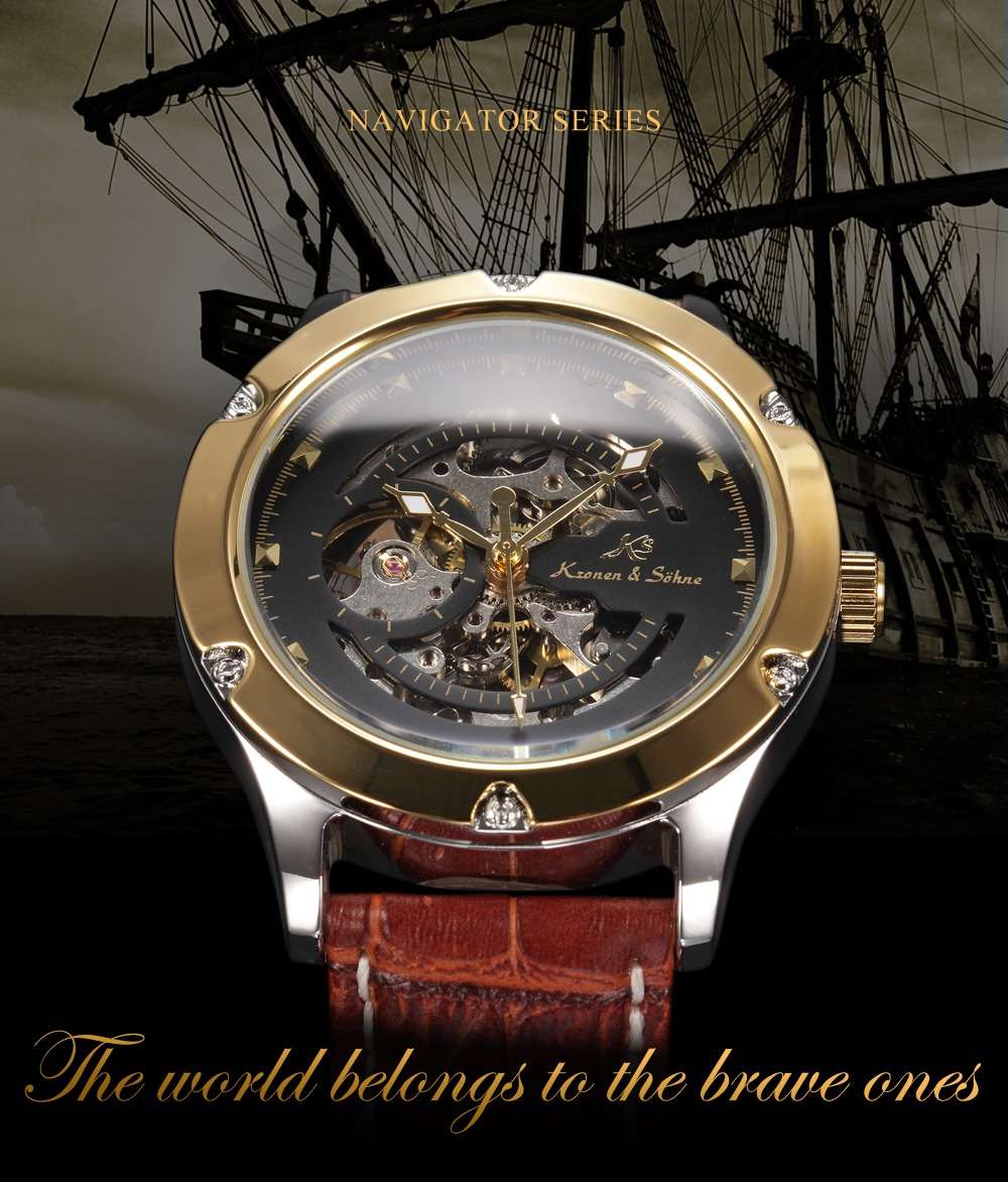 KRONEN & SOHNE Navigator Voyager Skeleton Automatic Brown Leather Watch w/ BOX AND PAPERS