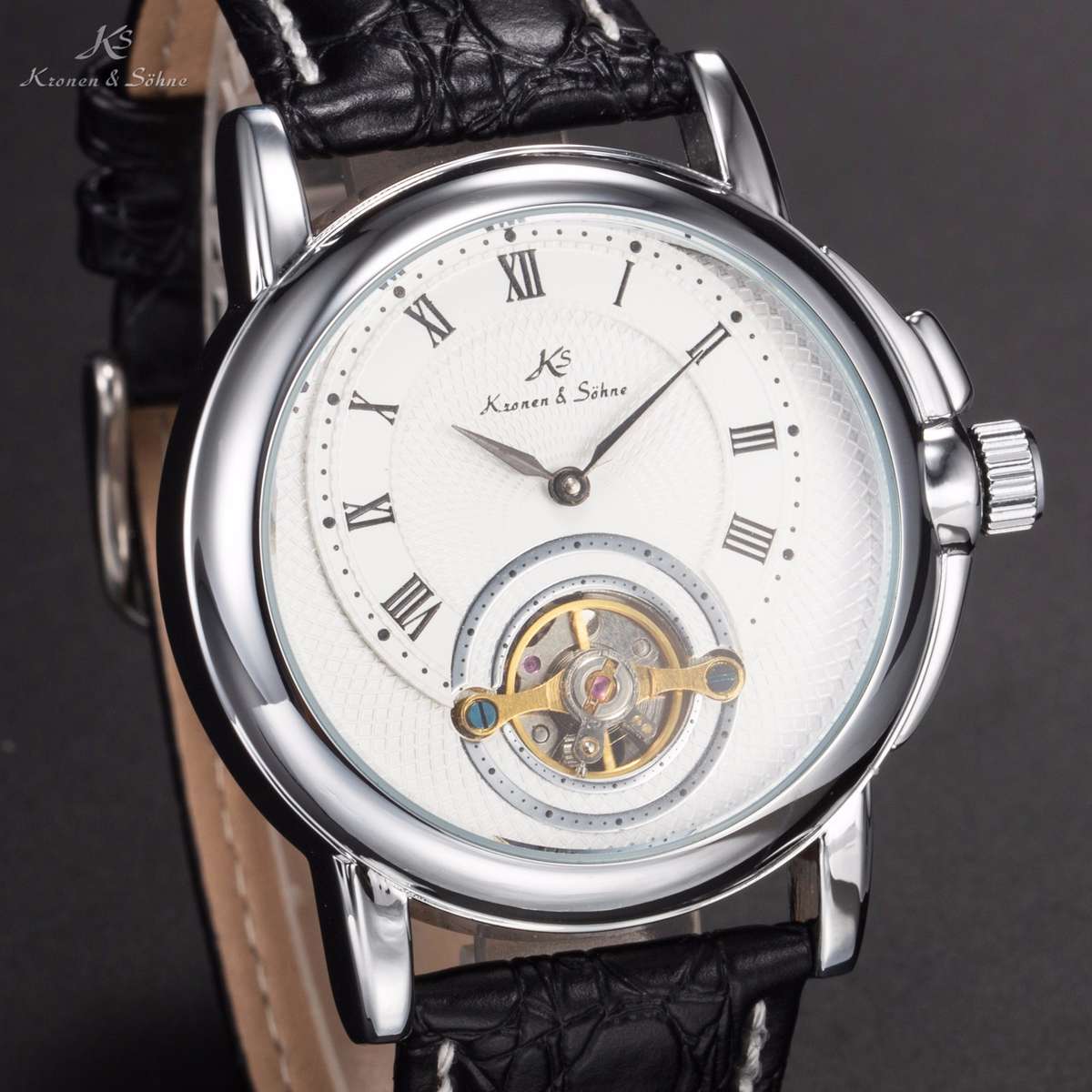 KRONEN & SOHNE "Circulus" Navi Balance Wheel Leather Watch w/ BOX AND PAPERS